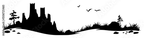 medieval castle on hill with birds black and white minimal vector