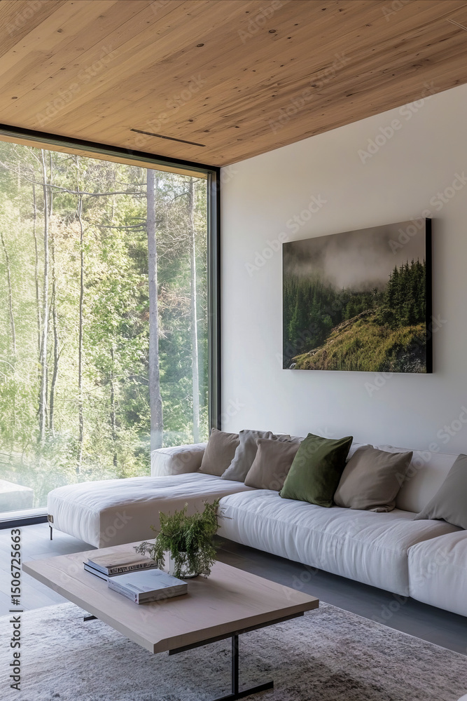 Fototapeta premium Modern living room overlooking lush forest with wooden ceiling