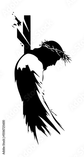 jesus silhouette with crown of thorns bold black ink drawing