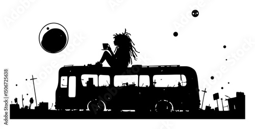 hippie girl with dreads on bus creative vector representation