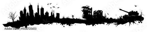 war zone ruins with tank dark profile graphic