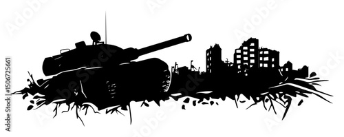 battle tank in ruined cityscape bold black ink drawing