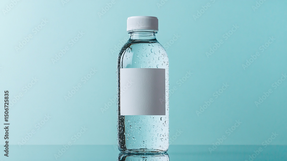 Transparent water bottle with blank label on a glossy turquoise background. Ideal for product mockup or branding purposes. Copy space. Transparent water bottle with blank label on a glossy turquoise background. Ideal for product mockup or branding purposes. Copy space.