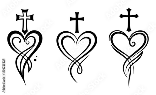 christian cross with heart tattoo shapes classic vector shape drawing
