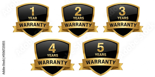 Warranty Badge Set 1-5 Years | Golden Shield Guarantee Badges for Product Assurance, Service Coverage and Customer Trust