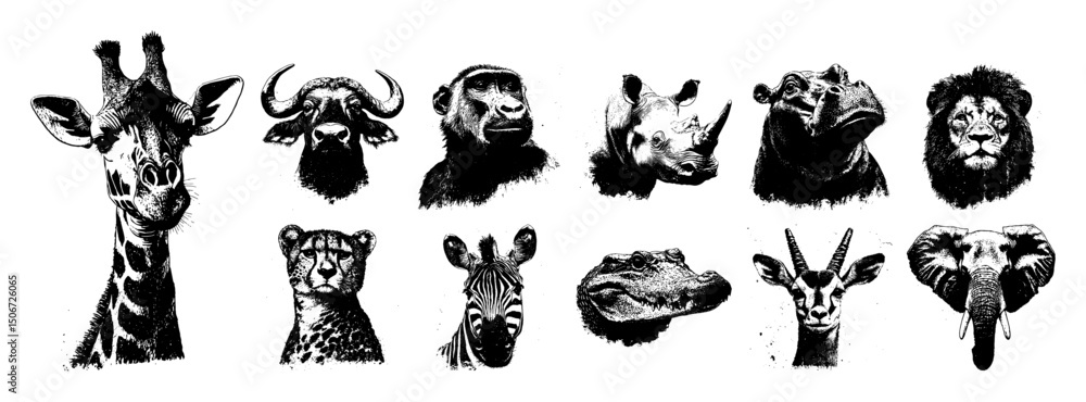 Naklejka premium wild animal heads collection bold black ink drawing