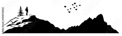 Bilde på lerret man in love on mountain top clean outline illustration