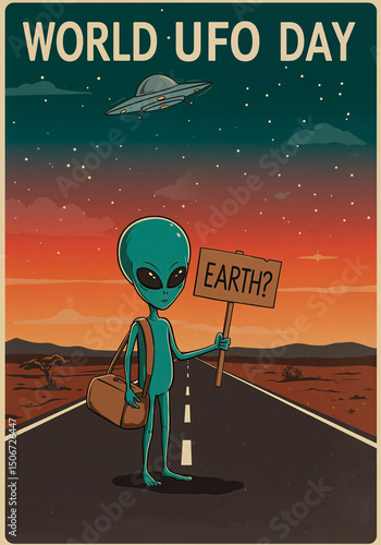 Green alien with a duffel bag and earth sign standing on a road looking for a ride under a UFO. World UFO Day concept illustration.