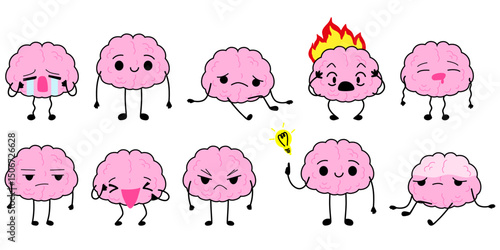 Healthy brain and depressed brain character. Depression, burnout, dysthymia, bipolar disorder, mental problems. Cartoon cute happy and sad brain. Stock vector illustration isolated on white background