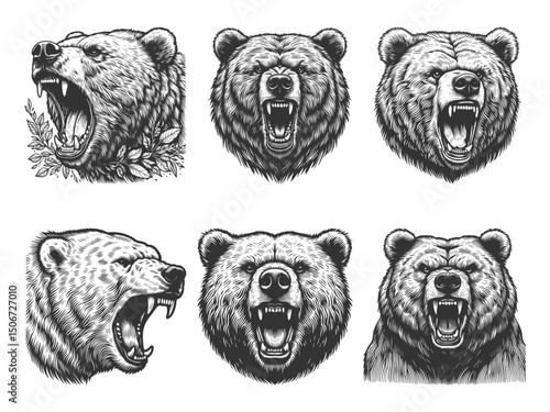 Roaring Bear Set collection bundle sketch engraving generative ai vector illustration. Scratch board imitation. Black and white image.
