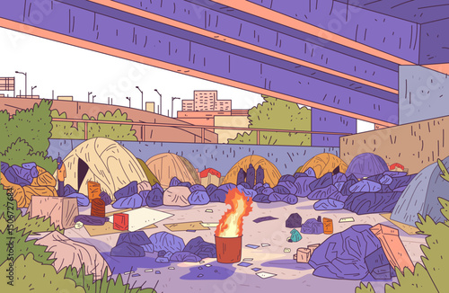 Homeless camp under bridge urban setting. Tents scattered amidst trash and burning barrel in a cityscape. Vivid colors depict social issues. Suitable for website design