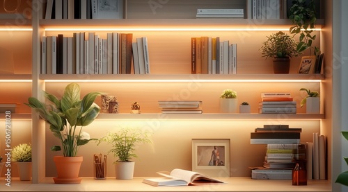 Wallpaper Mural Featuring Warm Accent Lighting on Built-in Bookshelves Adorned, Plants, Decor Items, Cozy Elegant Home Library: Zoom Virtual Meetings Backgrounds, Stylish Interior Backdrops Design, Empty Living Room Torontodigital.ca