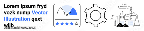 Dashboard with gauge and star ratings, gear symbol, and industrial factory skyline. Ideal for industry, performance improvement, workflow, business strategy, manufacturing, productivity simple