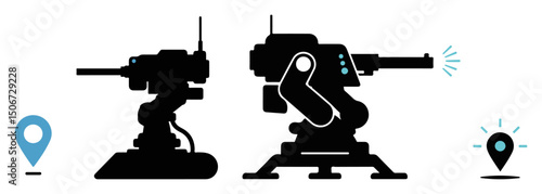 futuristic defense turrets with location markers – black vector silhouette