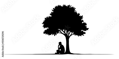 person sitting under tree in silence – minimalist black silhouette