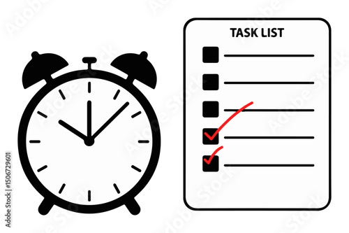 alarm clock and checklist for productivity – black and white vector