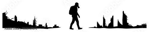lonely traveler in ruined cityscape – post-apocalyptic vector silhouette