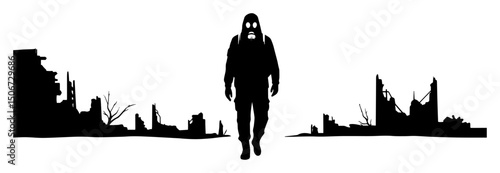 man in gas mask among ruins – post-apocalyptic black silhouette