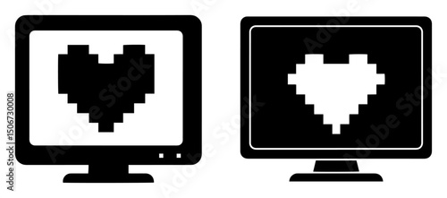 pixel hearts on computer screens – digital love vector icon