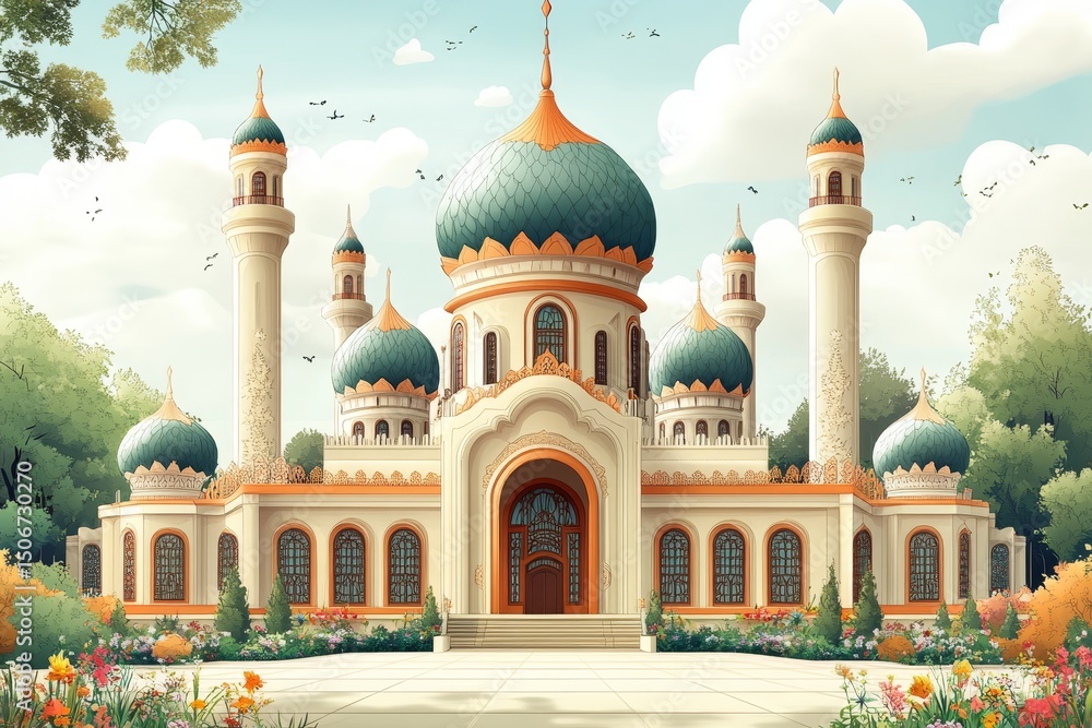 Obraz premium Mosque garden sunny day peaceful prayer illustration