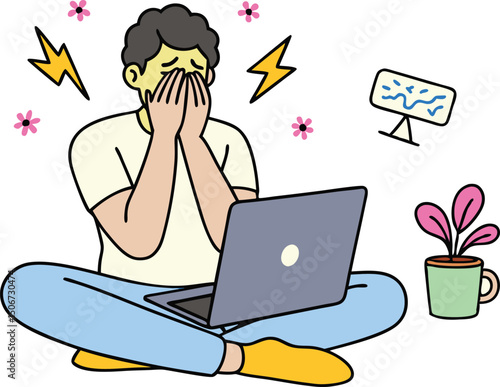 Exhausted burnout character illustration sitting pose showing signs of stress and fatigue