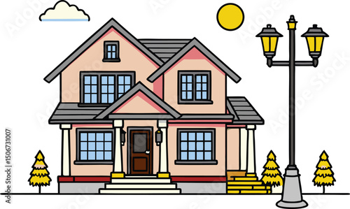 Stylish red family house with large windows architectural design illustration