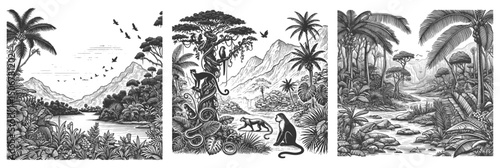 Jungle Landscape Set collection bundle sketch engraving generative ai vector illustration. Scratch board imitation. Black and white image.