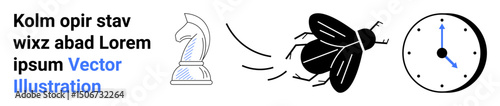 Chess knight symbolizing strategy, fly depicting motion, and analog clock representing time. Ideal for time management, strategy, decision-making, planning, efficiency, productivity simple landing