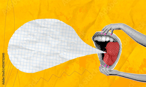 Modern art collage. Female hands holding screaming mouth and speech bubble for advertisement or news. Information presentation concept abstract on yellow background.
