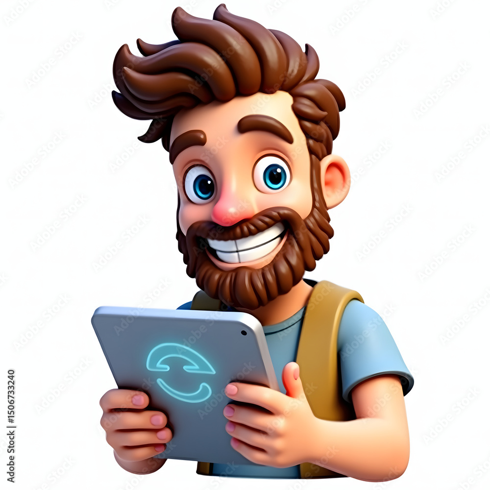 Obraz premium 3D icon avatar cartoon hipster character, stylish smiling man with beard with tablet, cartoon close up portrait on isolated on transparent png background. Generative ai