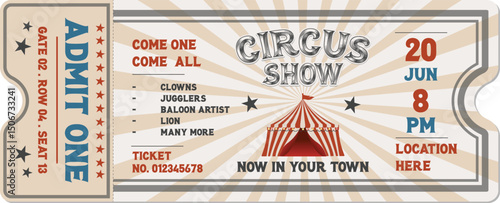 Circus ticket vector on retro style, circus ticket tamplate, horizontal ticket, event ticket flat design printable tamplate