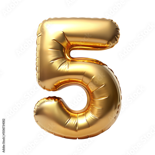 Gold number 5 balloon with gold sparkles on transparent background 