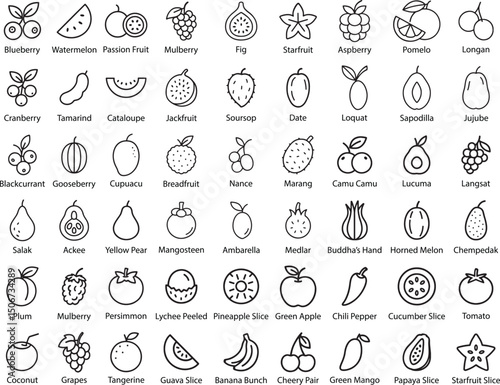 Fruit Outline Icons Set, Vector Illustration.