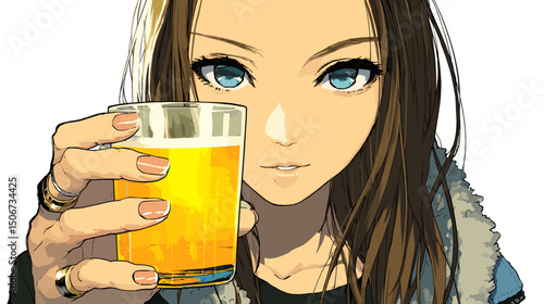 ビールを差し出すカジュアルな女性のベクターイラスト