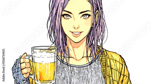 ビールを差し出すカジュアルな女性のベクターイラスト