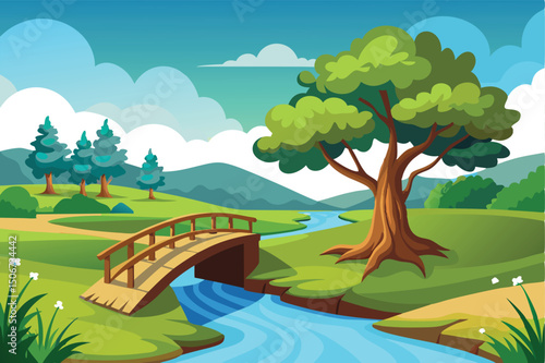 Scenic landscape with bridge over river, trees, and cloudy sky