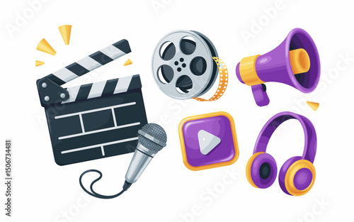Media Production and Entertainment Symbols in a Digital Illustration  