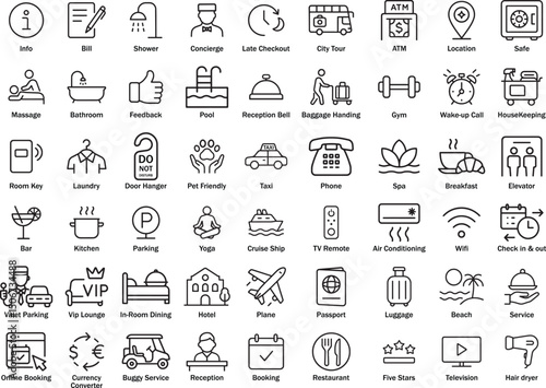Hotel Services Icons Set, Vector Illustration Isolated on White Background.