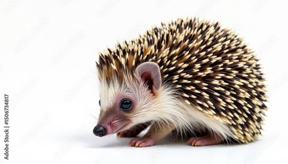 Fototapeta premium Tiny hedgehog curled in ball, isolated on white background, thorn, cute