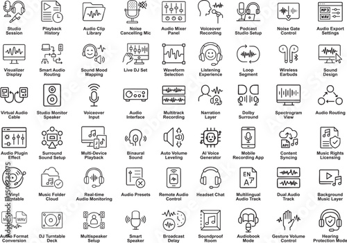 Audio Production Icons Vector Set. Line Style Sound Recording, Mixing, and Editing.
