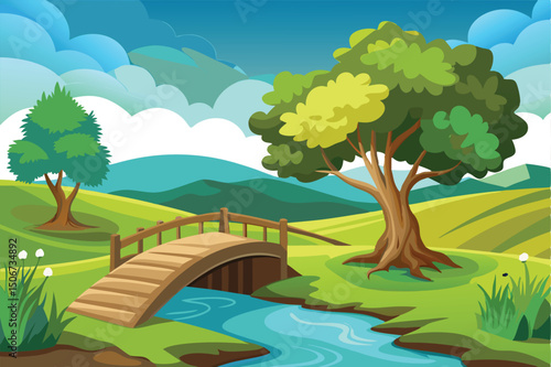 Scenic landscape with bridge over river, trees, and cloudy sky