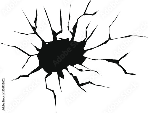 Big hole damage surface crack and fissure in ground, concrete, crevices from silhouette breaks on land surface from earthquake isolated on white background. Broken ground, wall, glass pattern effect.