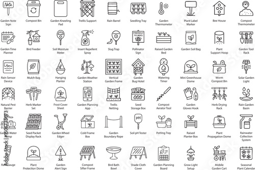 Gardening Tools and Equipment Icons, Outline Vector Illustration