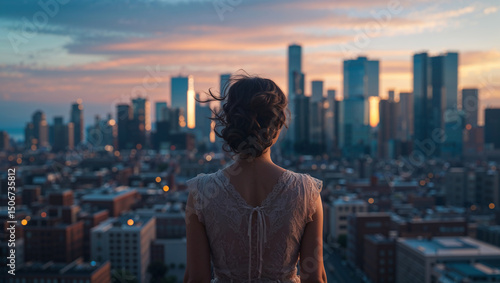 Woman watching new york city skyline at sunset from a rooftop