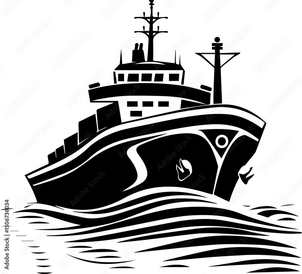 Obraz premium Cargo ship vector illustration black and white