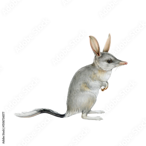 Bilby australian animal watercolor illustration. Hand drawn Macrotis lagotis Australia native marsupial mammal. Rabbit eared bandicoot vintage style illustration isolated on white background