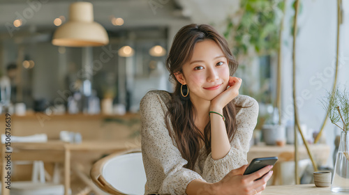 カフェでスマホを使う若い女性