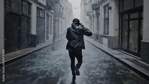 Man running through hailstorm in city street