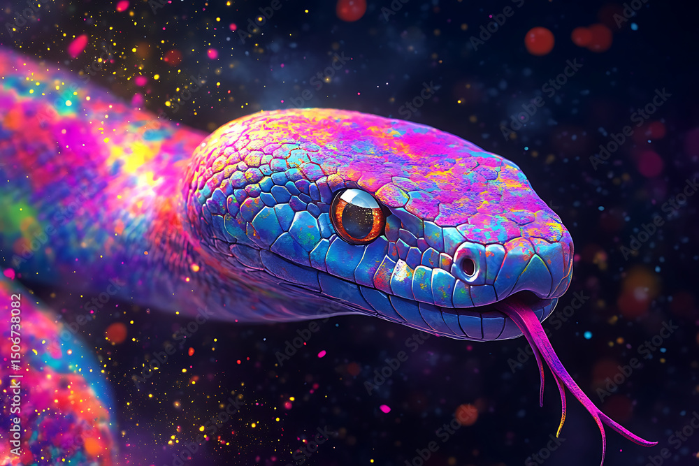Obraz premium Colorful snake with vibrant patterns and sparkling background, showcasing its unique beauty