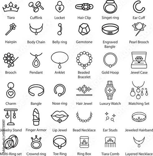 Jewelry Icon Set, Vector Illustration on White Background.